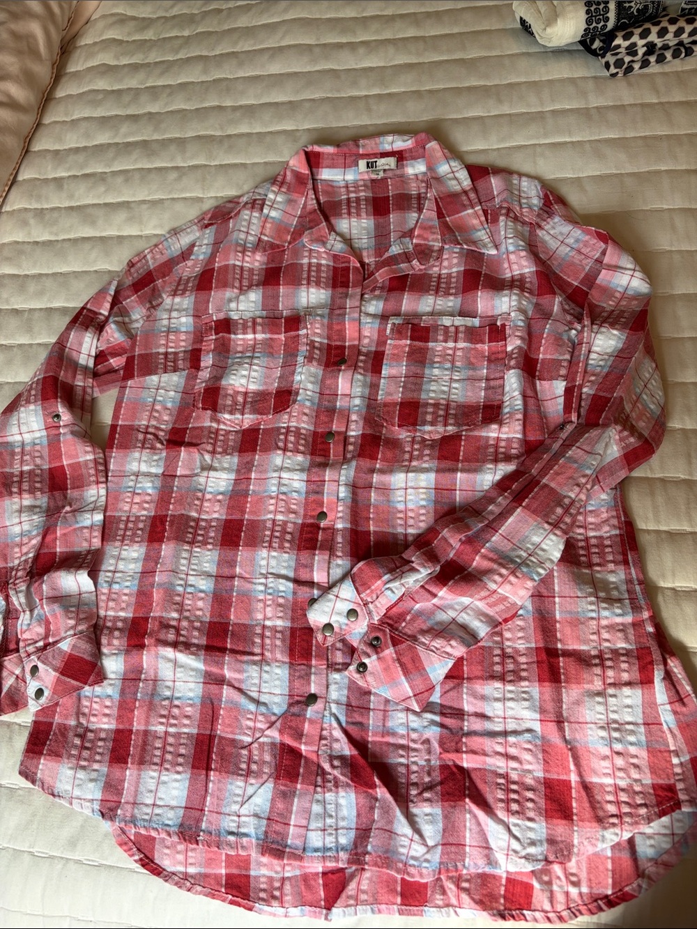 Kut from the Kloth Red and White Plaid Button-Down Shirt